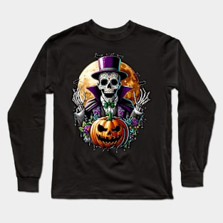 Sugar Skull Art - Pumpkin's Midnight Halloween Long Sleeve T-Shirt